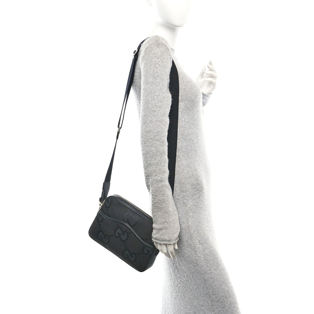 Monogram Jumbo GG Textured Dollar Calfskin Web Messenger Shoulder Bag Black