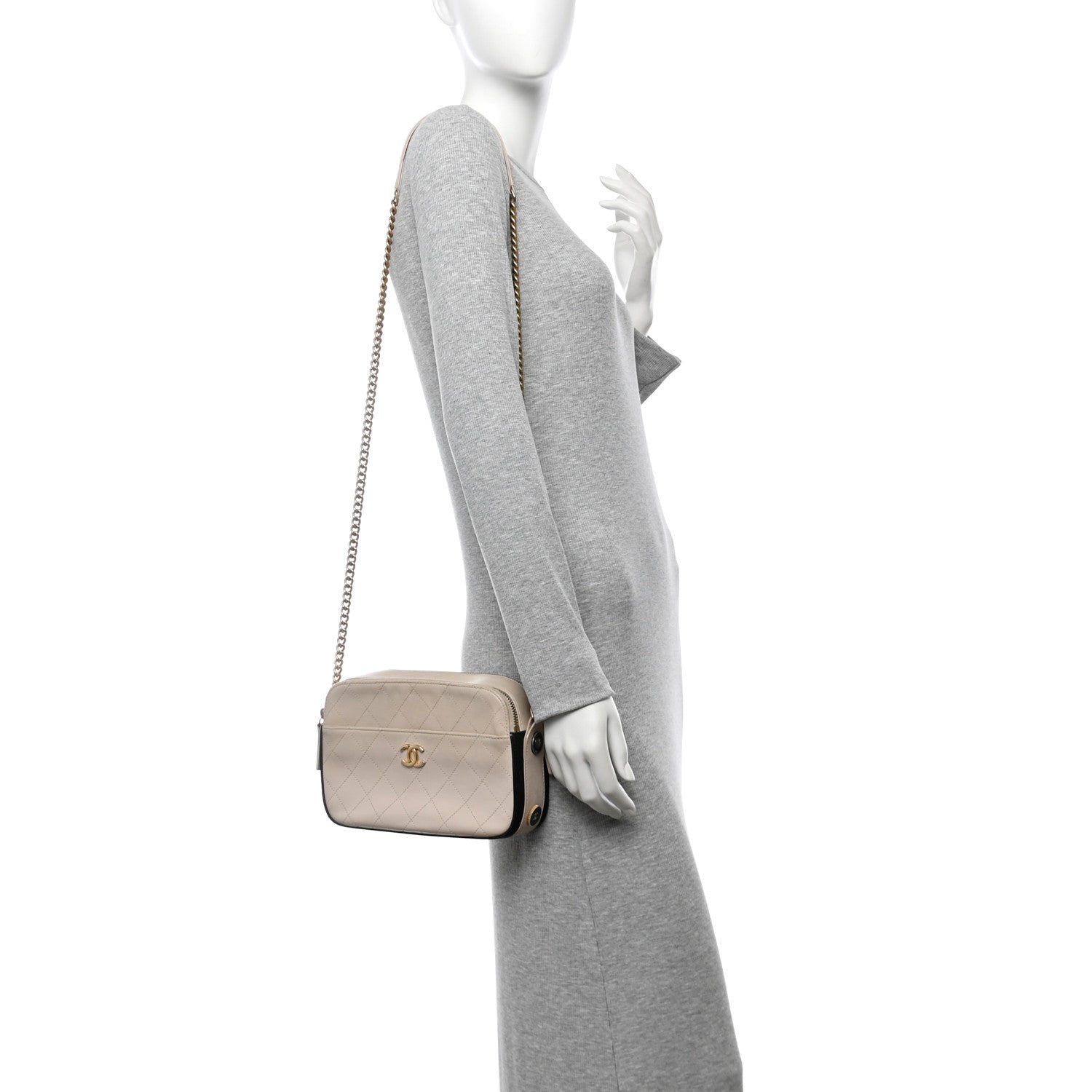 Calfskin Grosgrain Stitched Button Up Camera Case Light Grey