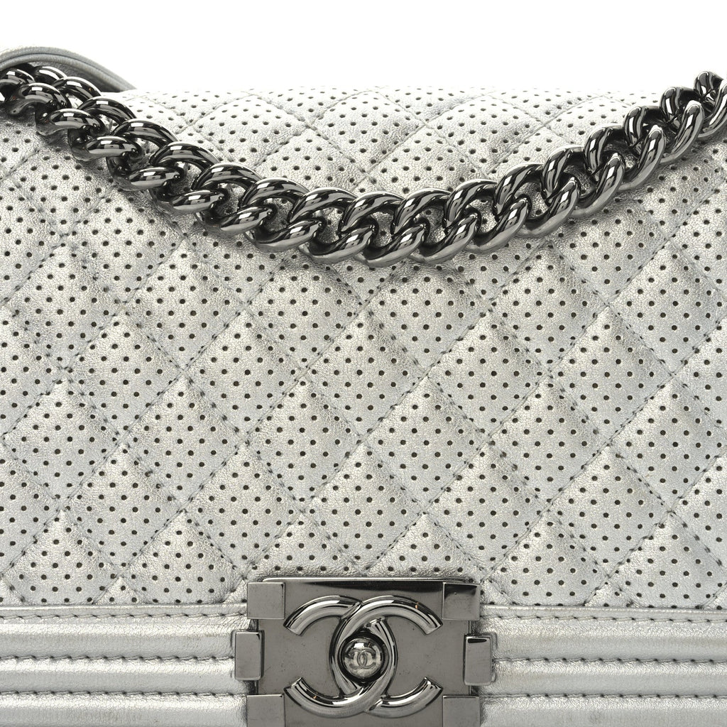 Metallic Lambskin Perforated Quilted Medium Boy Flap Argent