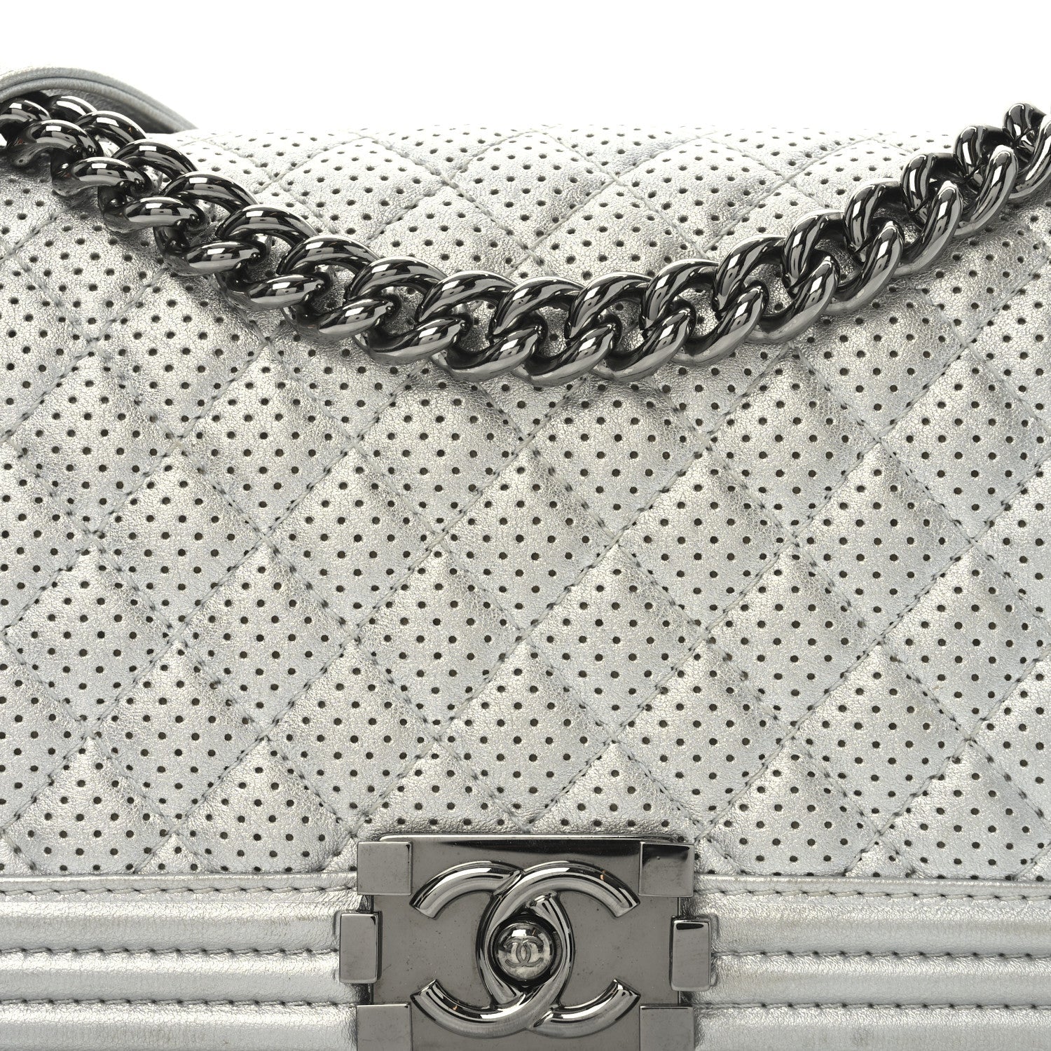 Metallic Lambskin Perforated Quilted Medium Boy Flap Argent