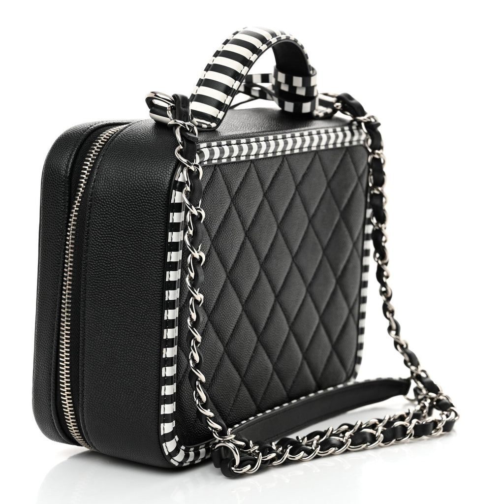 Caviar Quilted Striped Medium CC Filigree Vanity Case Black White