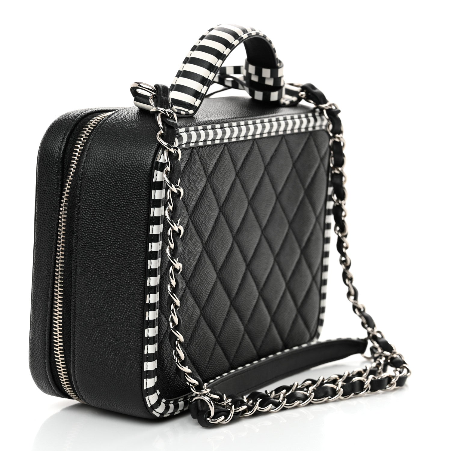 Caviar Quilted Striped Medium CC Filigree Vanity Case Black White