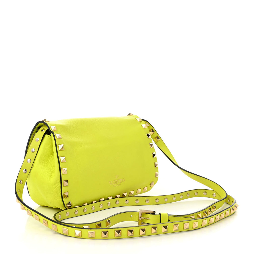 Vitello Mini Rockstud Flip Lock Crossbody Bag Yellow Fluo