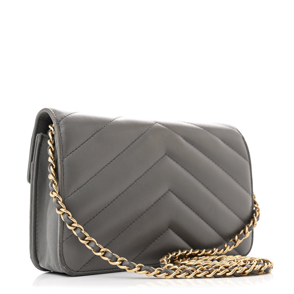 Lambskin Chevron Quilted Medallion Wallet On Chain WOC Grey