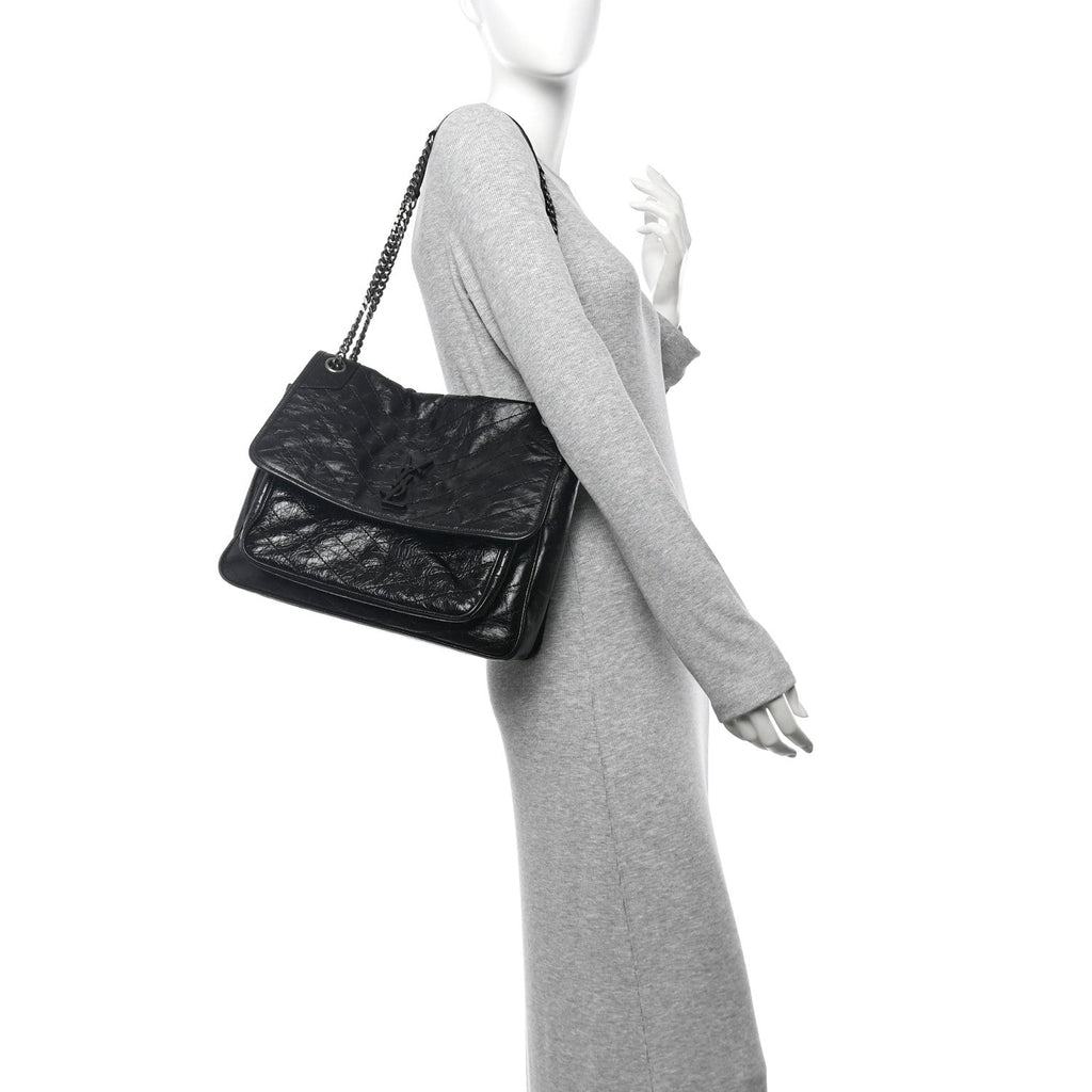 Crinkled Calfskin Matelasse Monogram Large Niki Chain Satchel Black