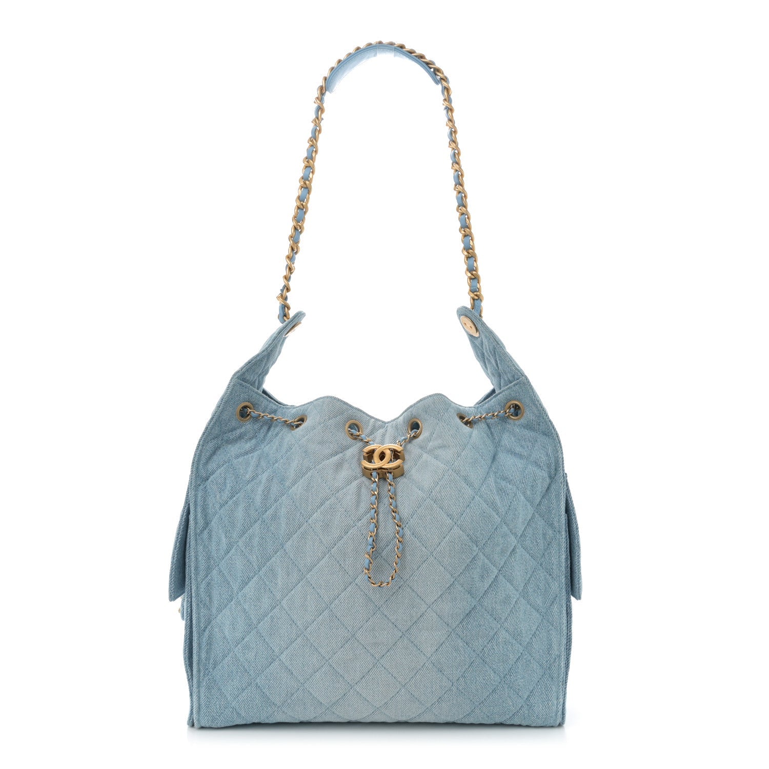 Washed Denim Quilted Medium Chanel 25 Handbag Blue