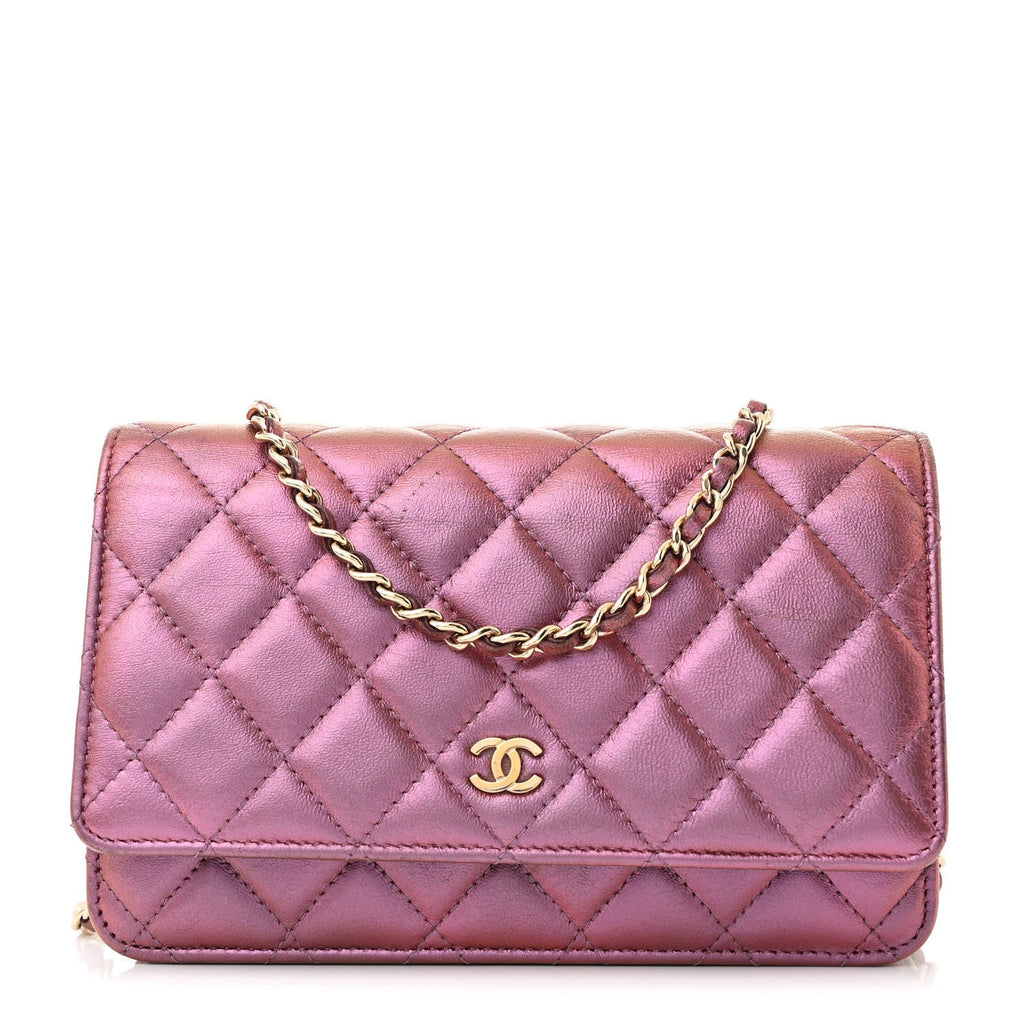 Iridescent Lambskin Quilted Wallet On Chain WOC Purple
