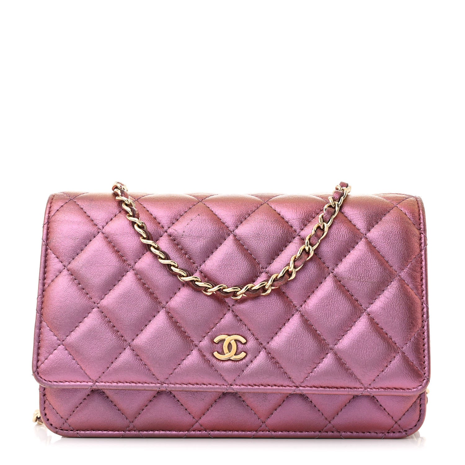 Iridescent Lambskin Quilted Wallet On Chain WOC Purple