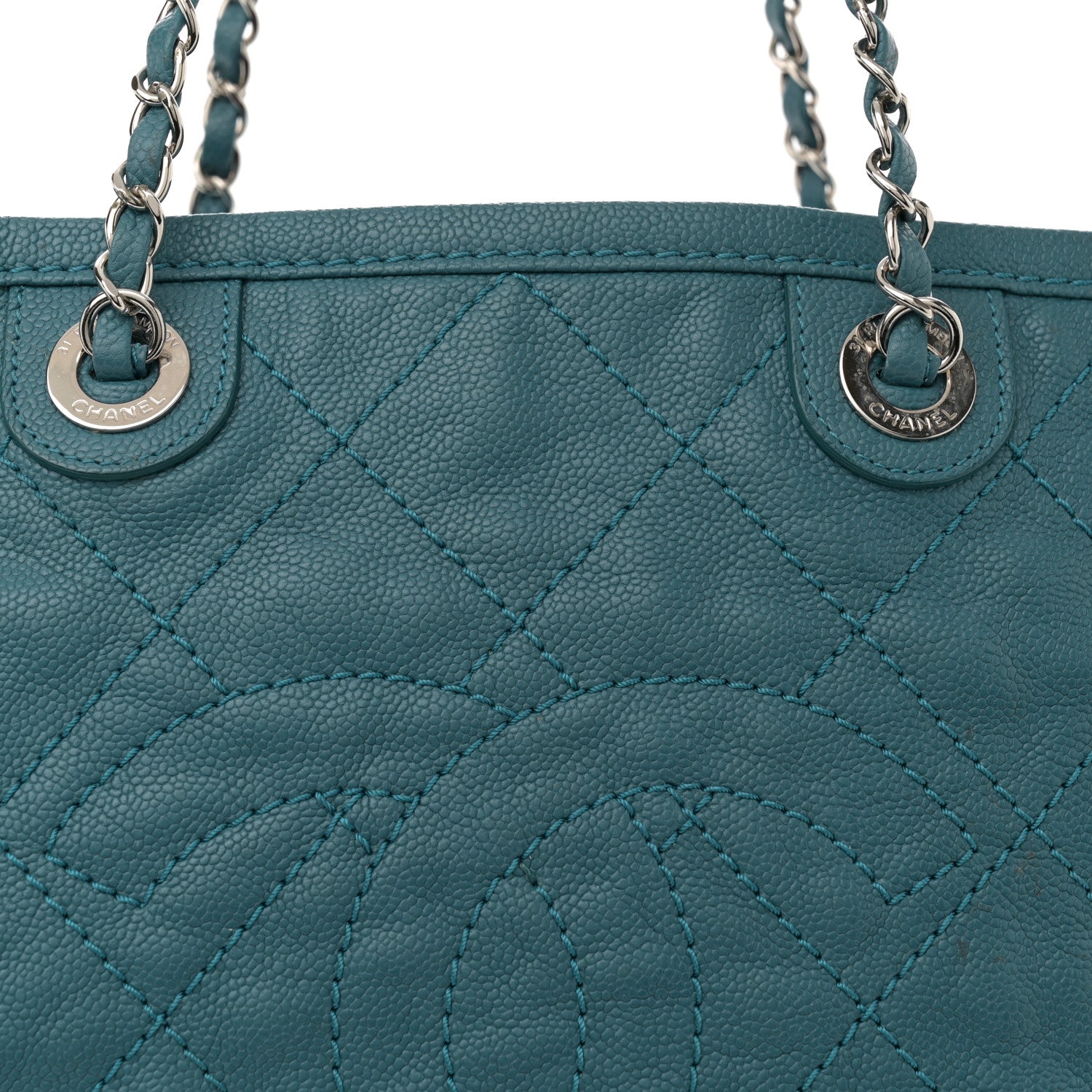 Grained Calfskin Quilted Small Daily Shopping Tote Turquoise