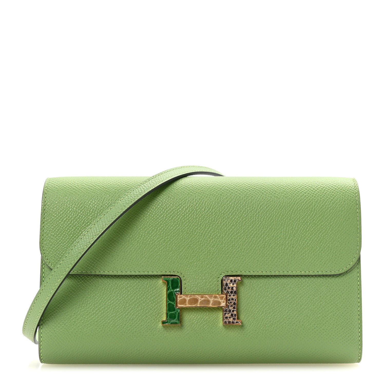 Epsom Alligator Lizard Constance Wallet To Go Vert Criquet Cactus Beige Sable Ombre