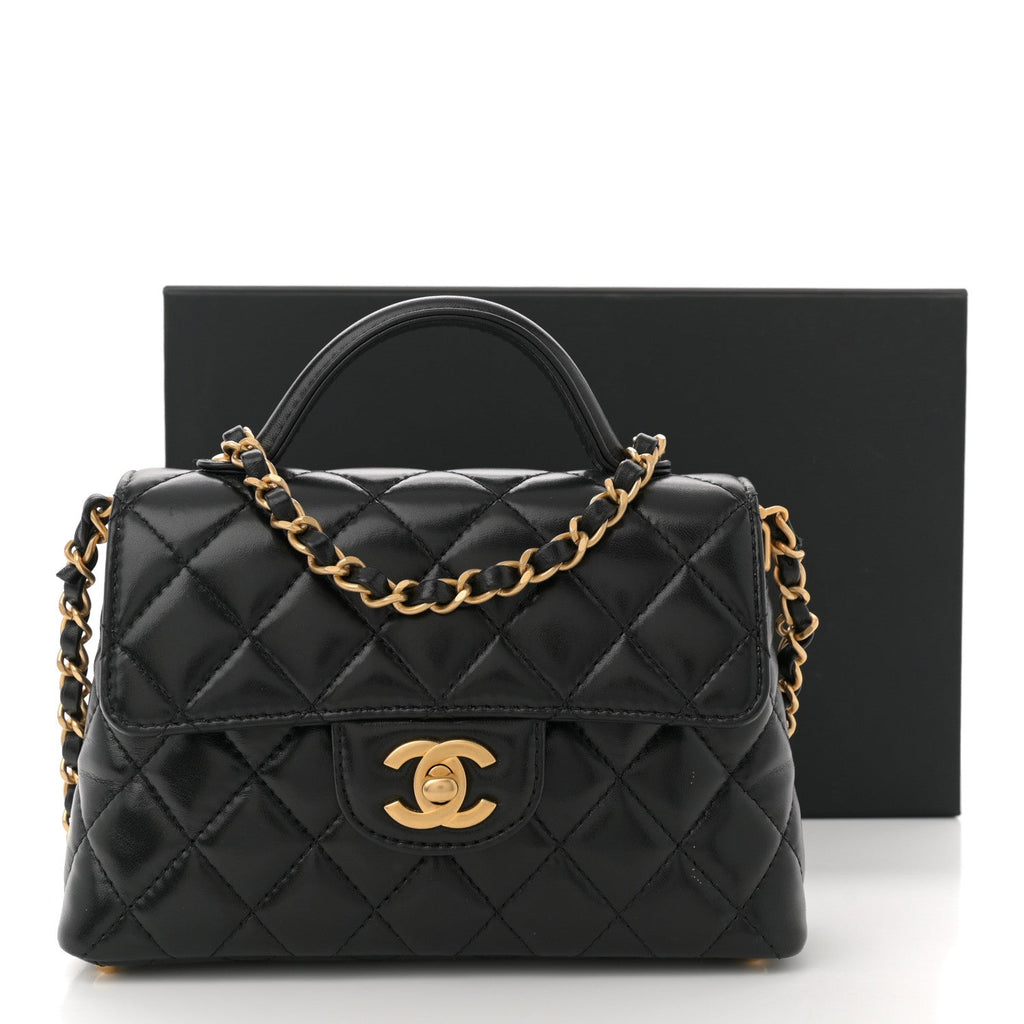 Lambskin Quilted Small Flap Top Handle Bag Black