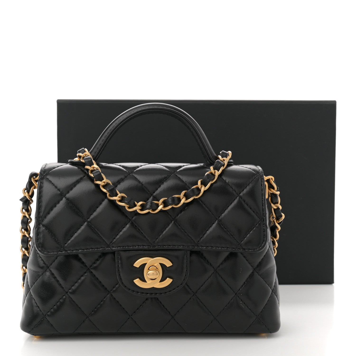 Lambskin Quilted Small Flap Top Handle Bag Black