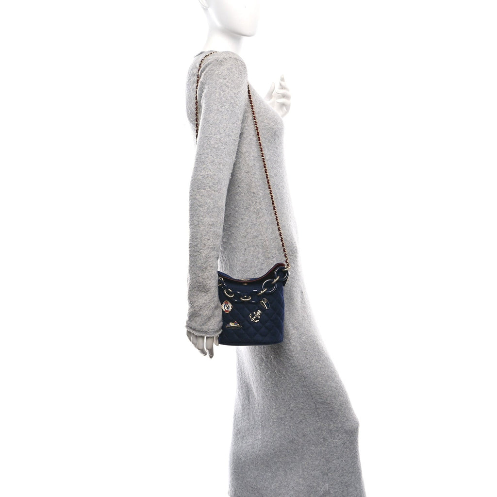 Wool Lambskin Quilted Paris Hamburg Charms Bucket Bag Dark Navy