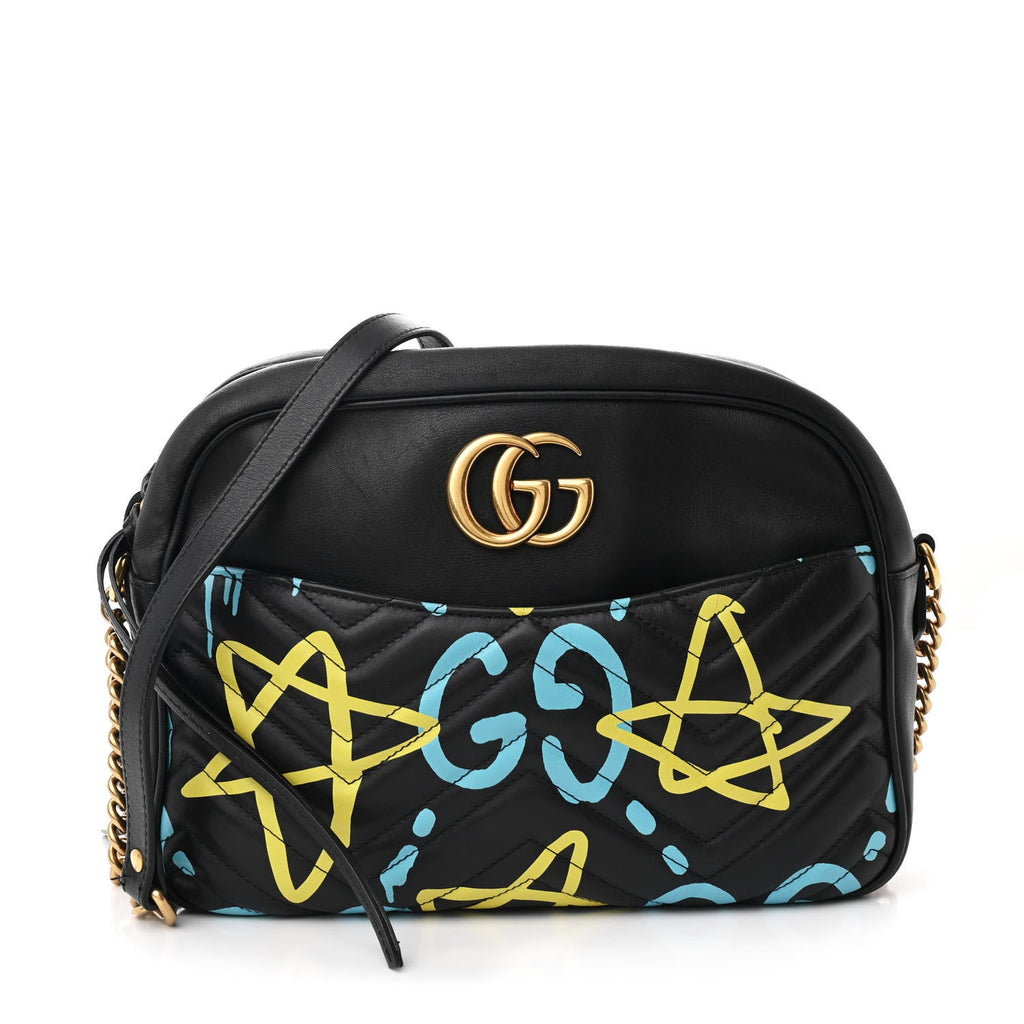 Calfskin Matelasse GucciGhost Medium GG Marmont Chain Shoulder Bag Black New Acquamarine
