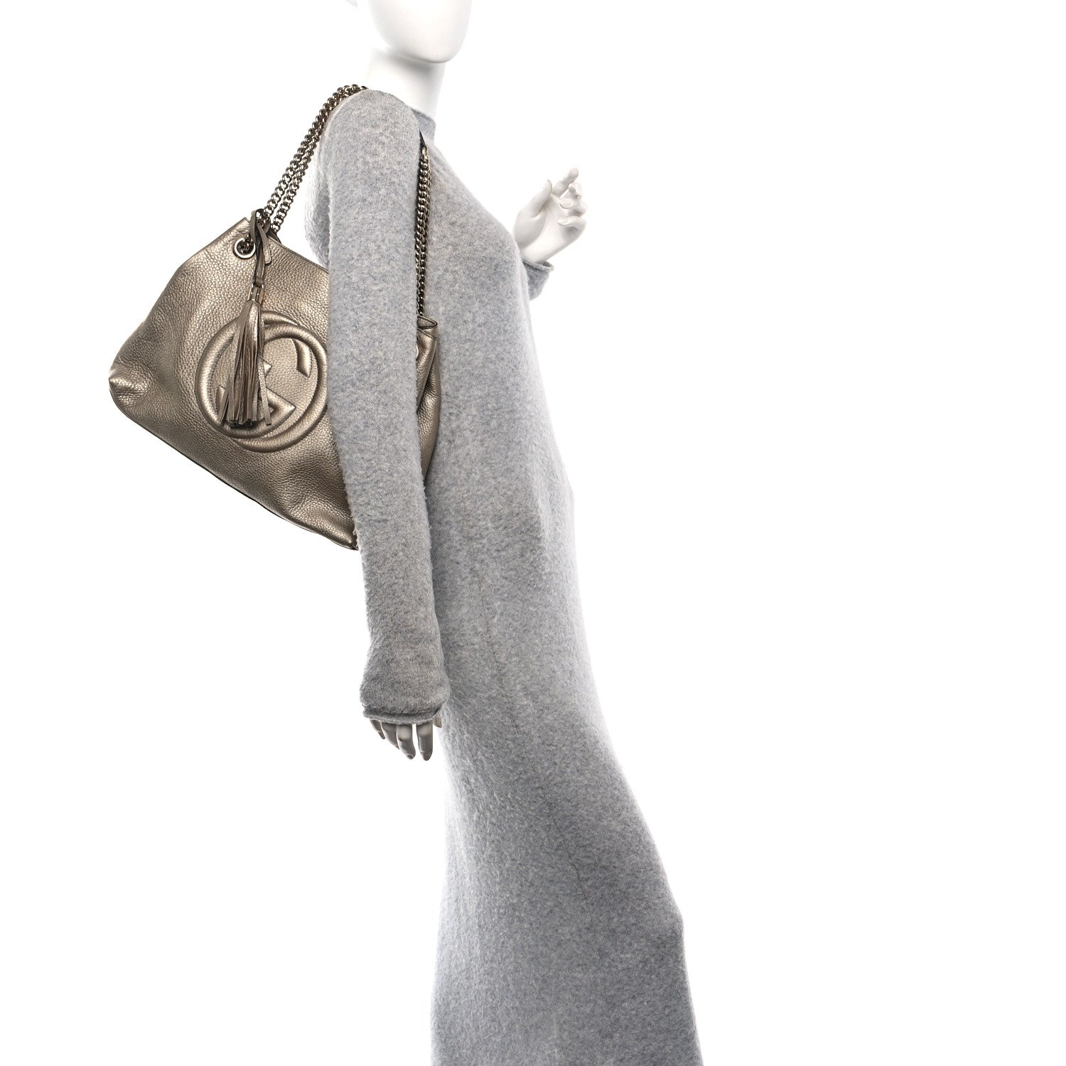 Metallic Pebbled Calfskin Medium Soho Chain Shoulder Bag Golden Beige