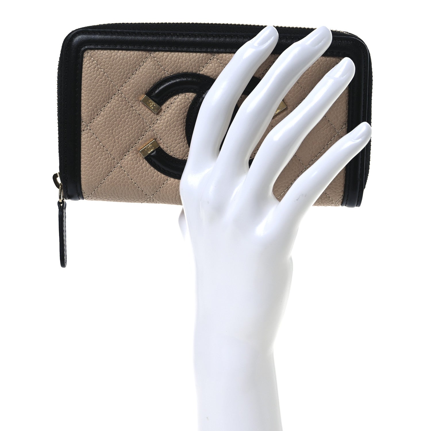 Caviar Quilted Small Filigree Zip Around Wallet Beige Black