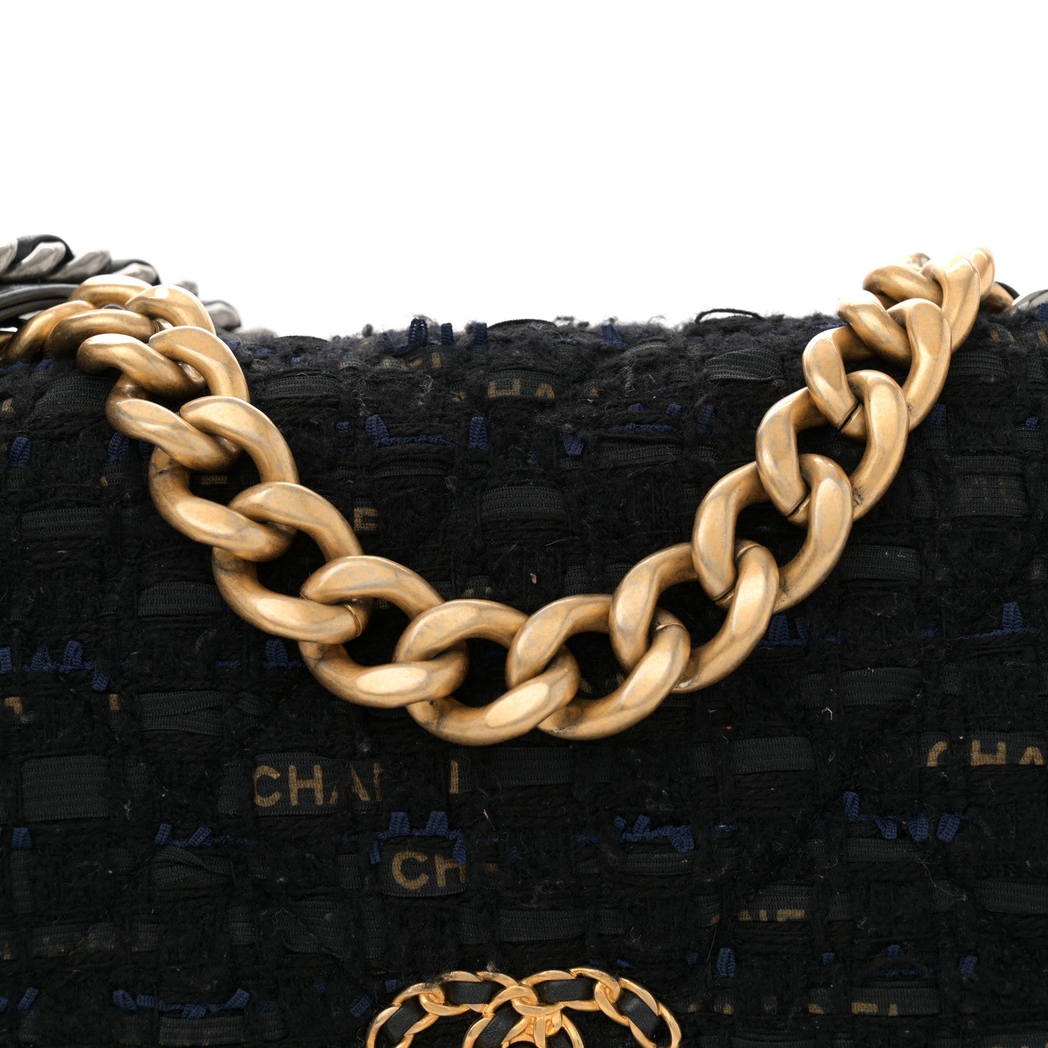 Tweed Quilted Large Chanel 19 Flap Black Navy Gold