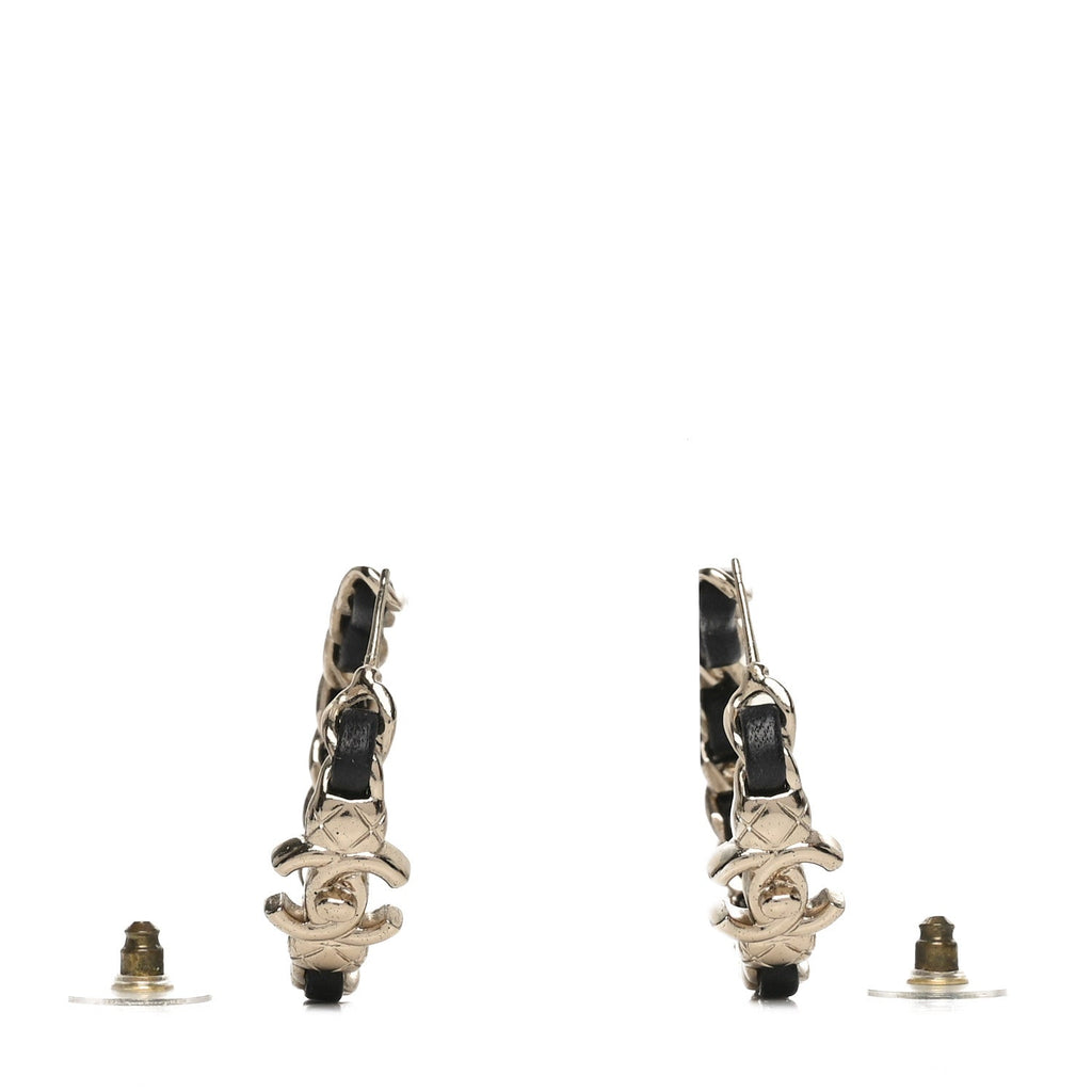 Metal Lambskin Quilted CC Turnlock Chain Hoop Earrings Gold Black