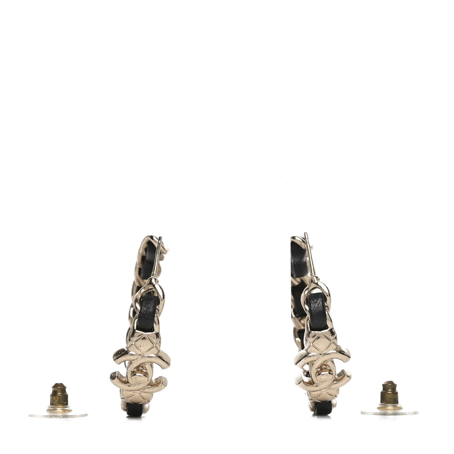Metal Lambskin Quilted CC Turnlock Chain Hoop Earrings Gold Black