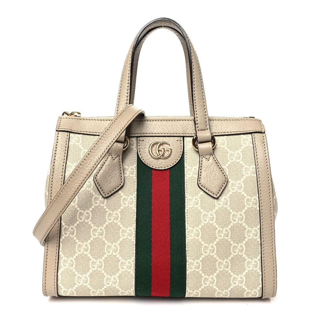 GG Supreme Monogram Textured Dollar Calfskin Web Small Ophidia Tote Bag Beige Mystic White Oatmeal