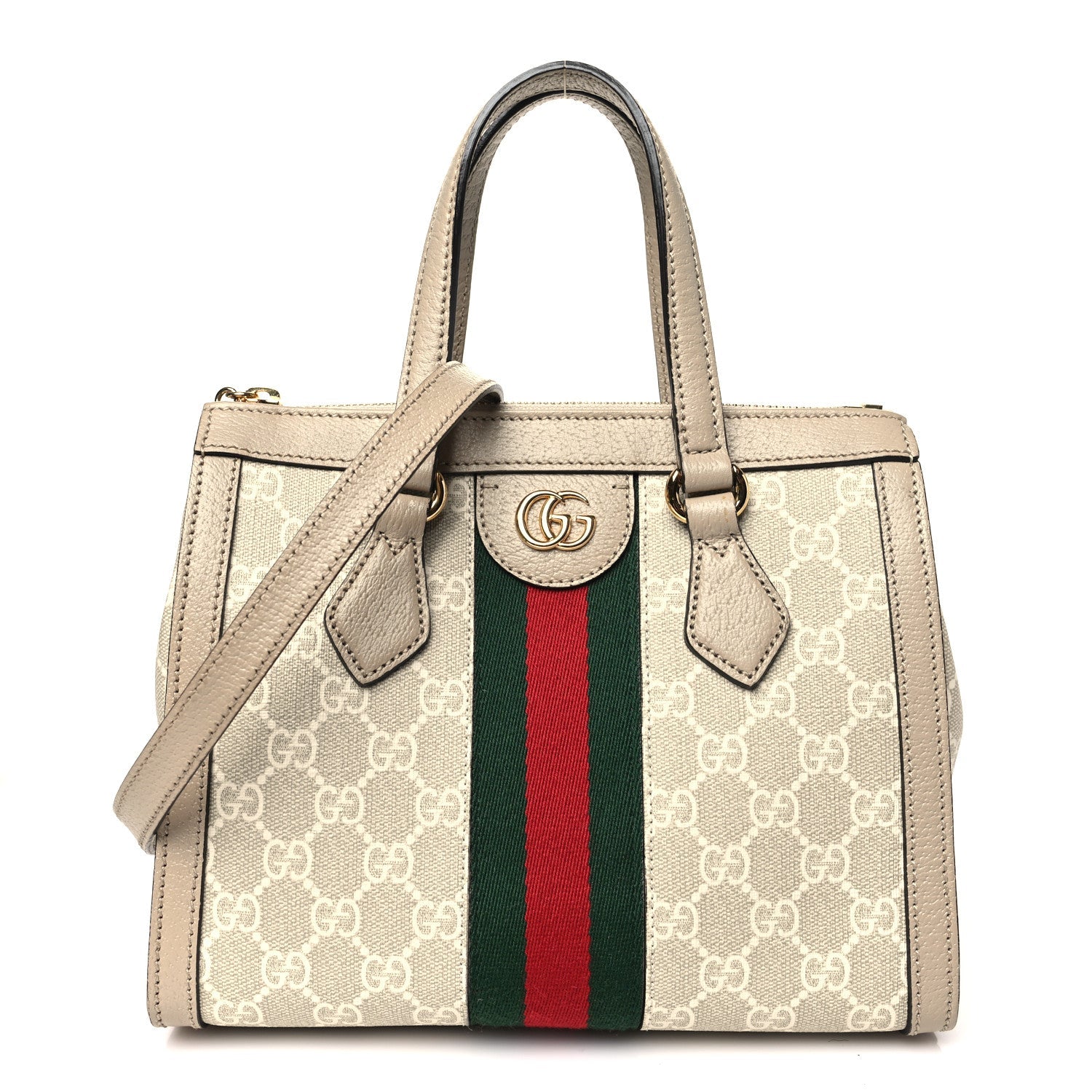 GG Supreme Monogram Textured Dollar Calfskin Web Small Ophidia Tote Bag Beige Mystic White Oatmeal