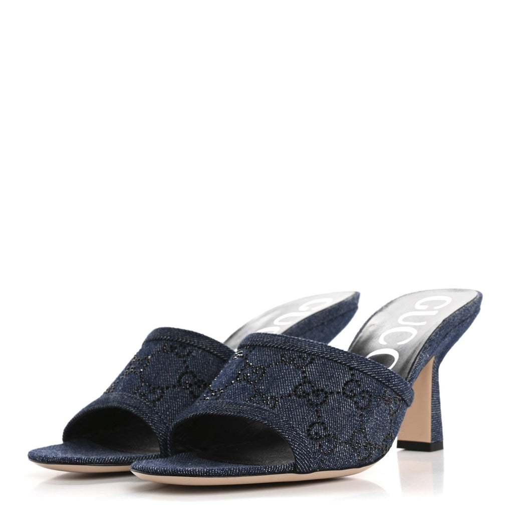 Denim Crystal GG Monogram Mules 40 Blue