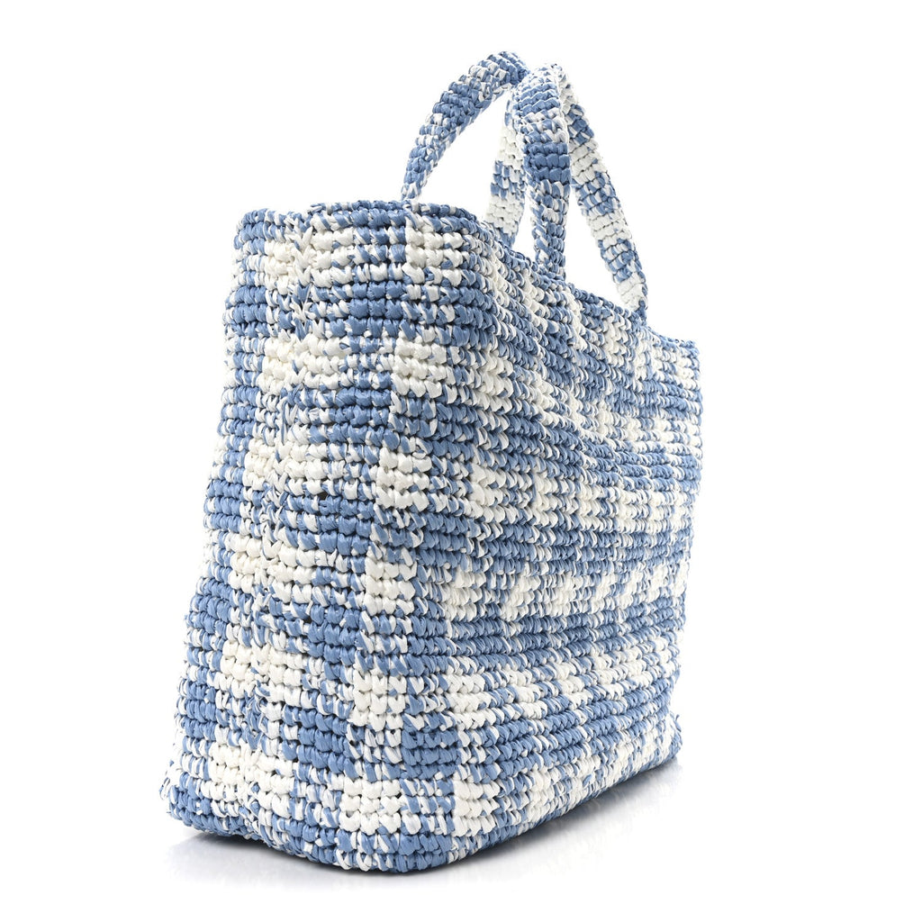 Yarn Raffia Effect Crochet Embroidered Large Logo Tote Celeste