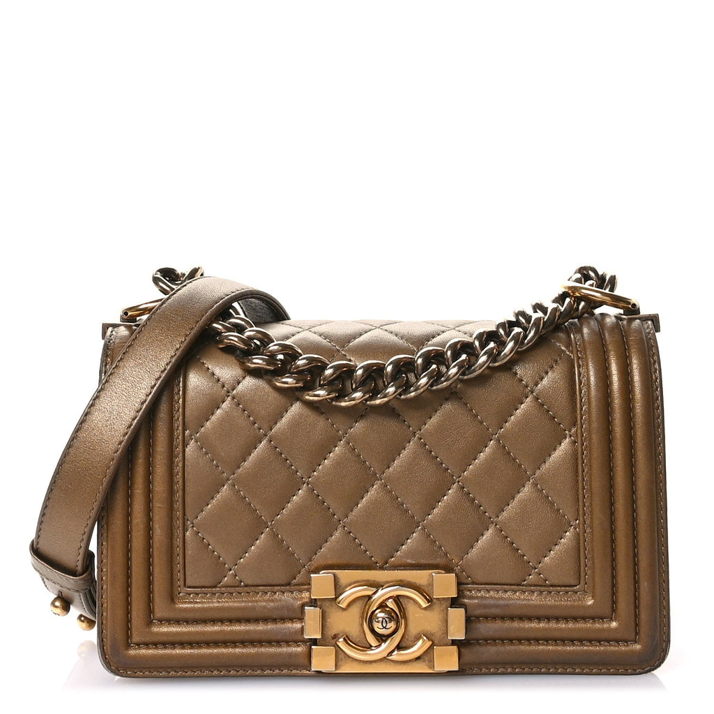 Metallic Calfskin Quilted Small Boy Flap Gold