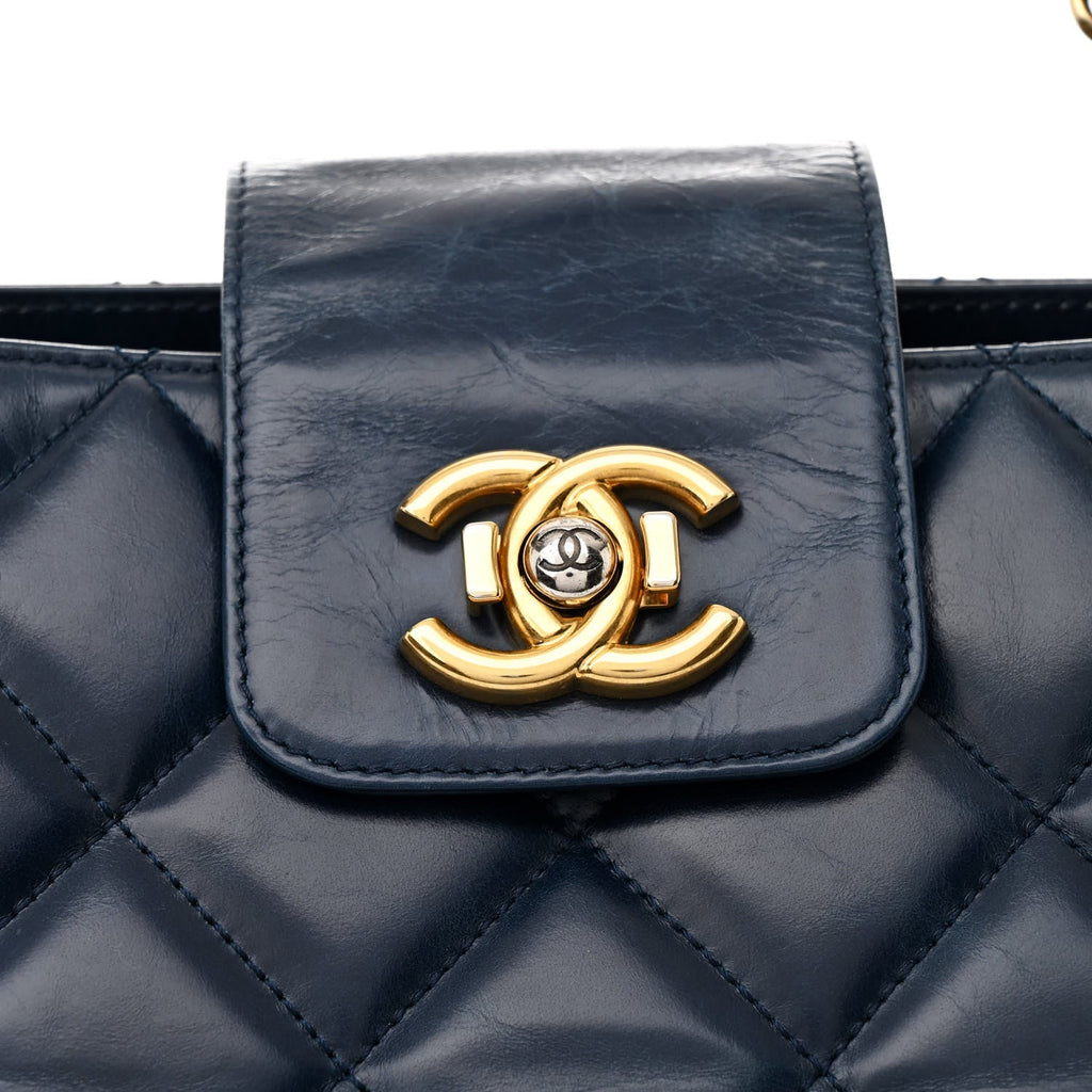 Glazed Calfskin Quilted Daily Walk Tote Navy