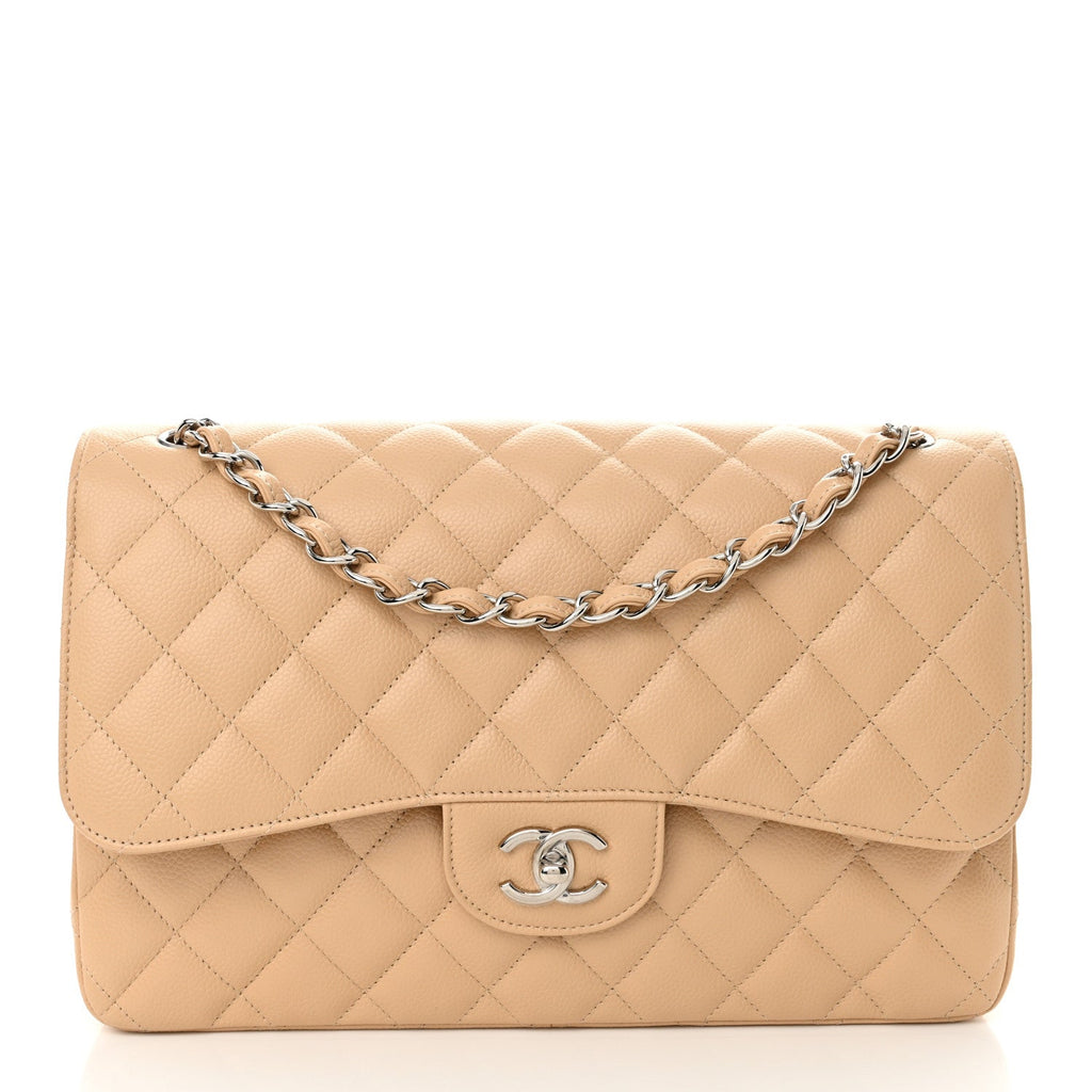 Caviar Quilted Jumbo Double Flap Beige