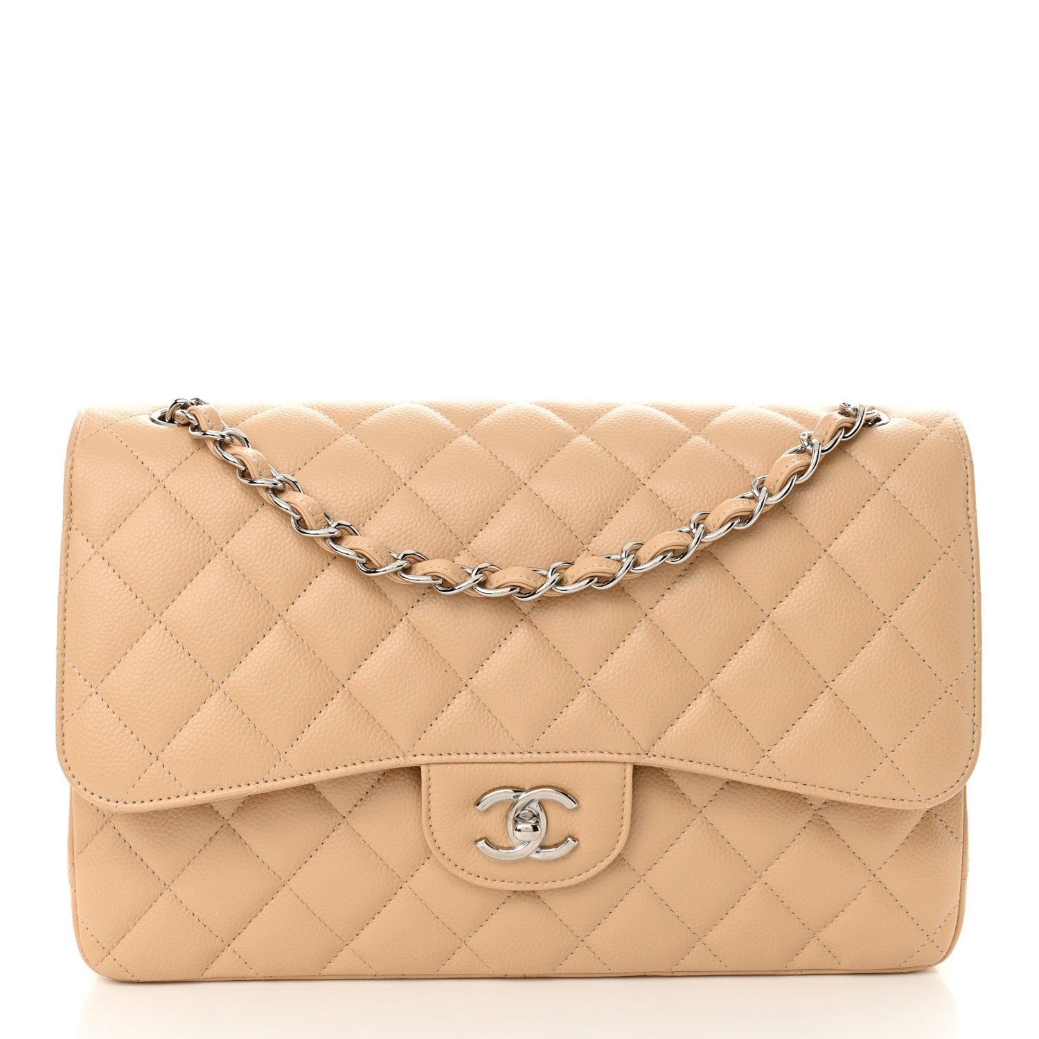 Caviar Quilted Jumbo Double Flap Beige