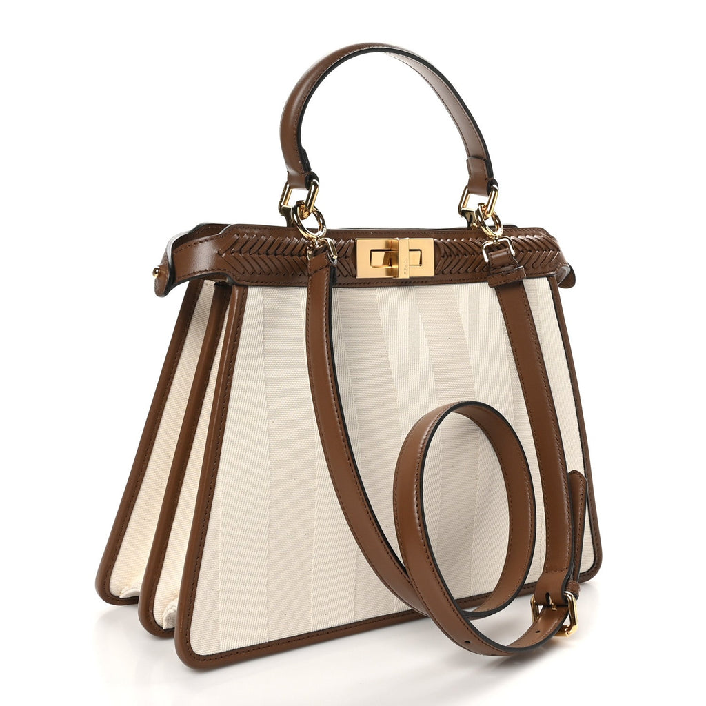 Canvas Pequin Calfskin Ceylon Medium Peekaboo I SEE U Satchel Grezzo Gianduia