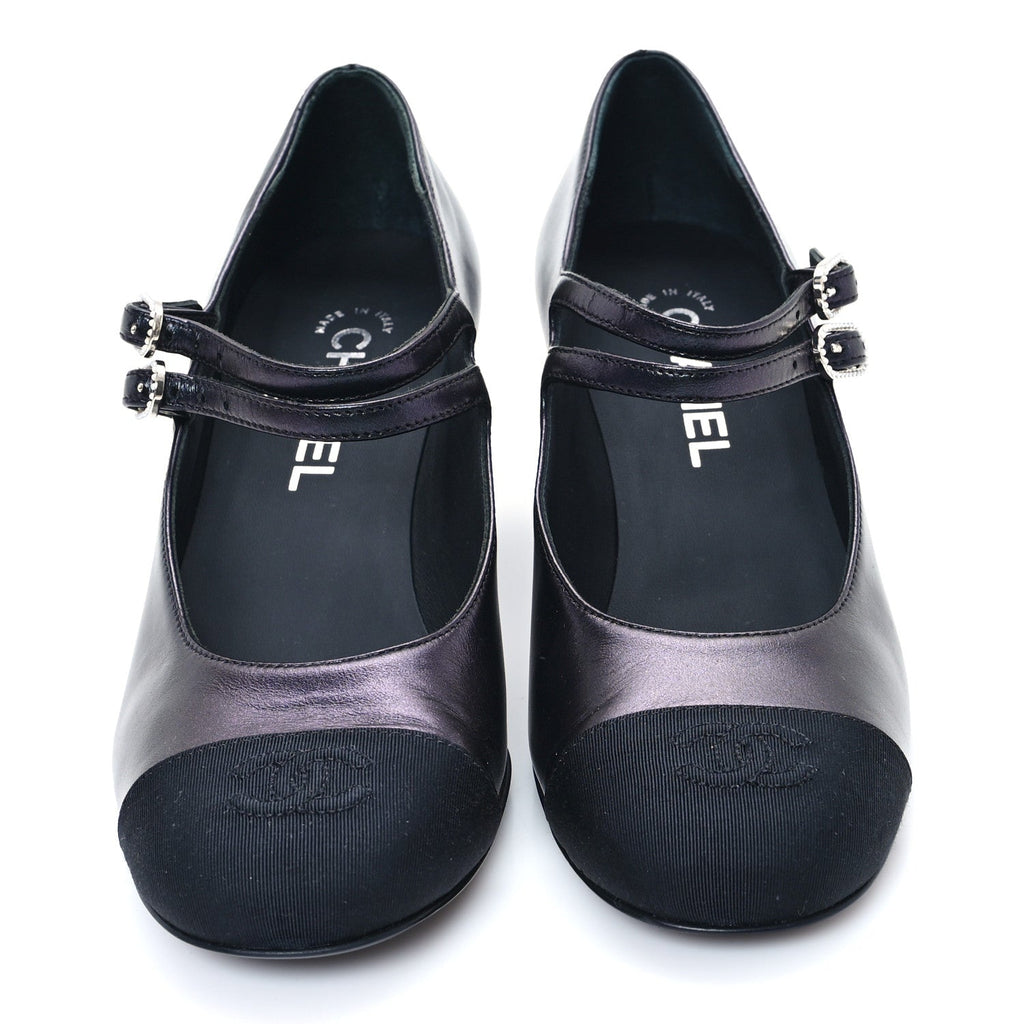 Iridescent Lambskin Grosgrain Pearl Mary Jane Pumps 38 Black