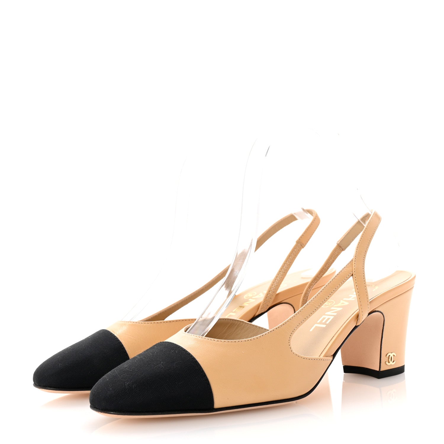 Goatskin Grosgrain Cap Toe CC Slingback Pumps 37 Beige Black