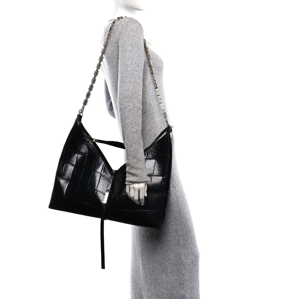 Calfskin Crocodile Embossed Large Cut Out Shoulder Bag Black