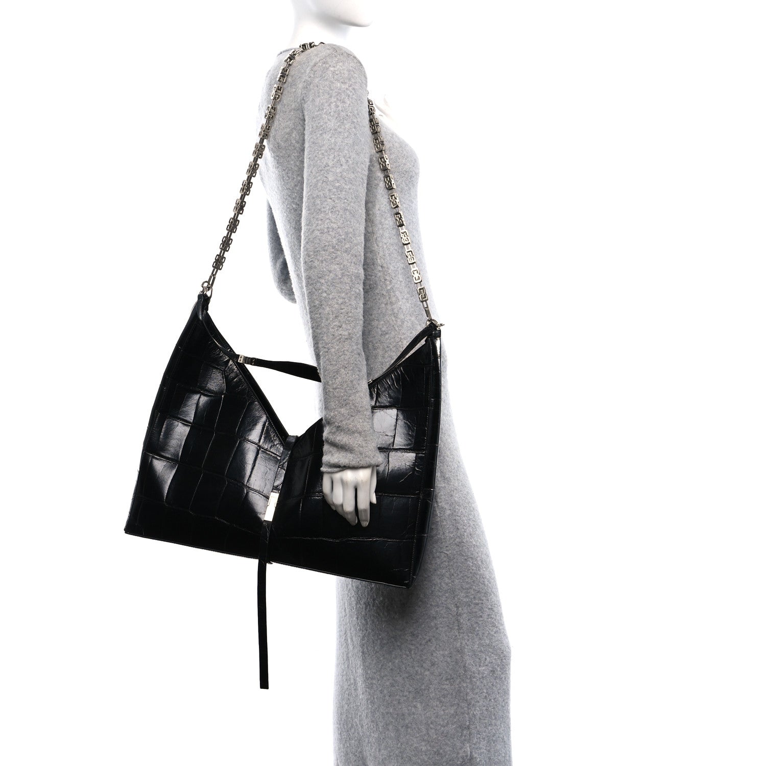 Calfskin Crocodile Embossed Large Cut Out Shoulder Bag Black