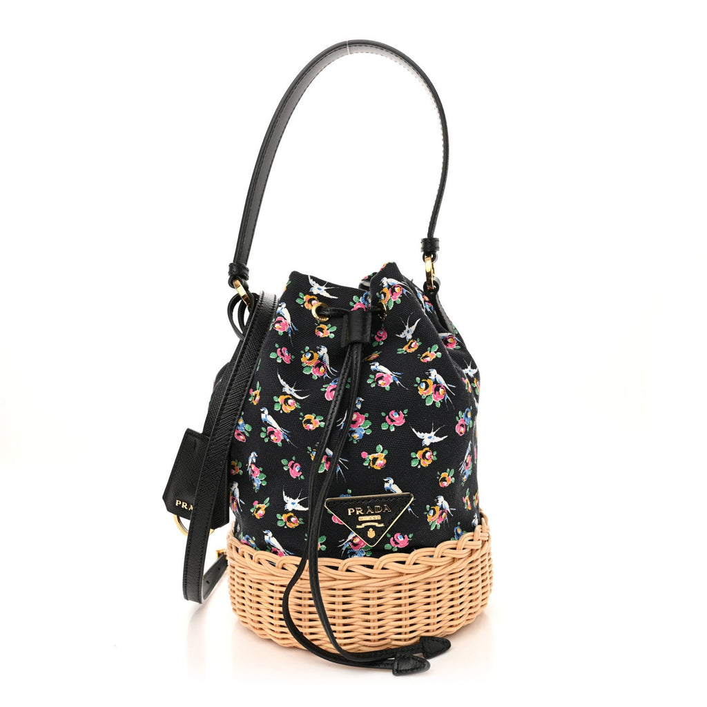 Wicker Canvas Floral Print Bucket Bag Black Multicolor