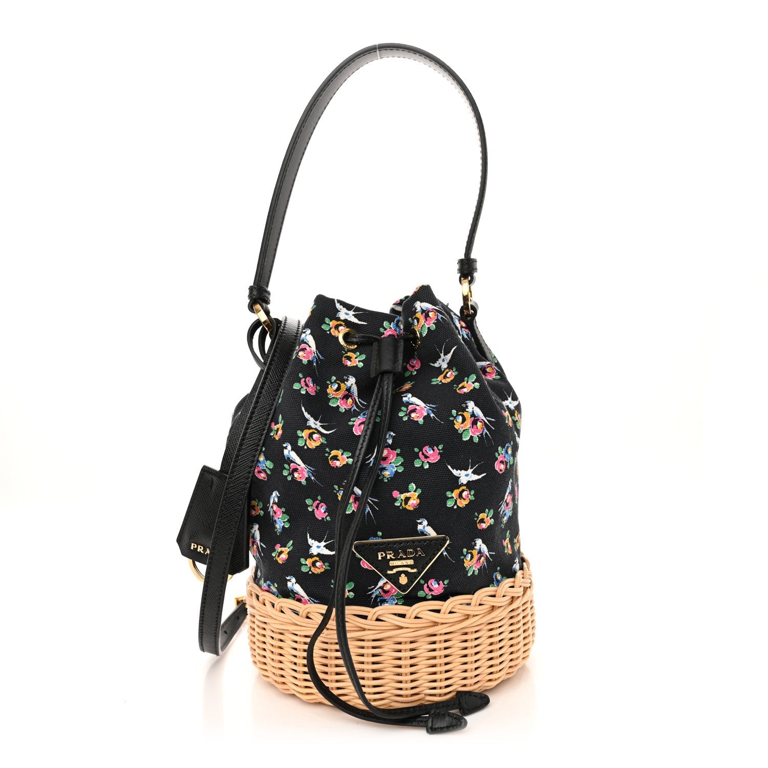 Wicker Canvas Floral Print Bucket Bag Black Multicolor