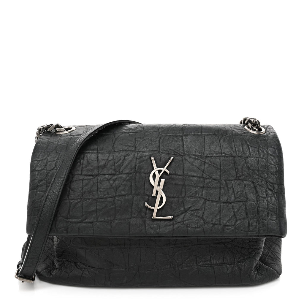 Calfskin Crocodile Embossed Medium West Hollywood Monogram Fold-Over Grey
