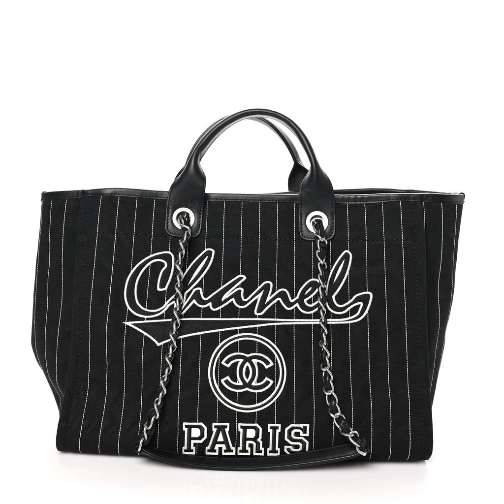 Canvas Calfskin Striped Medium Deauville Tote Black White