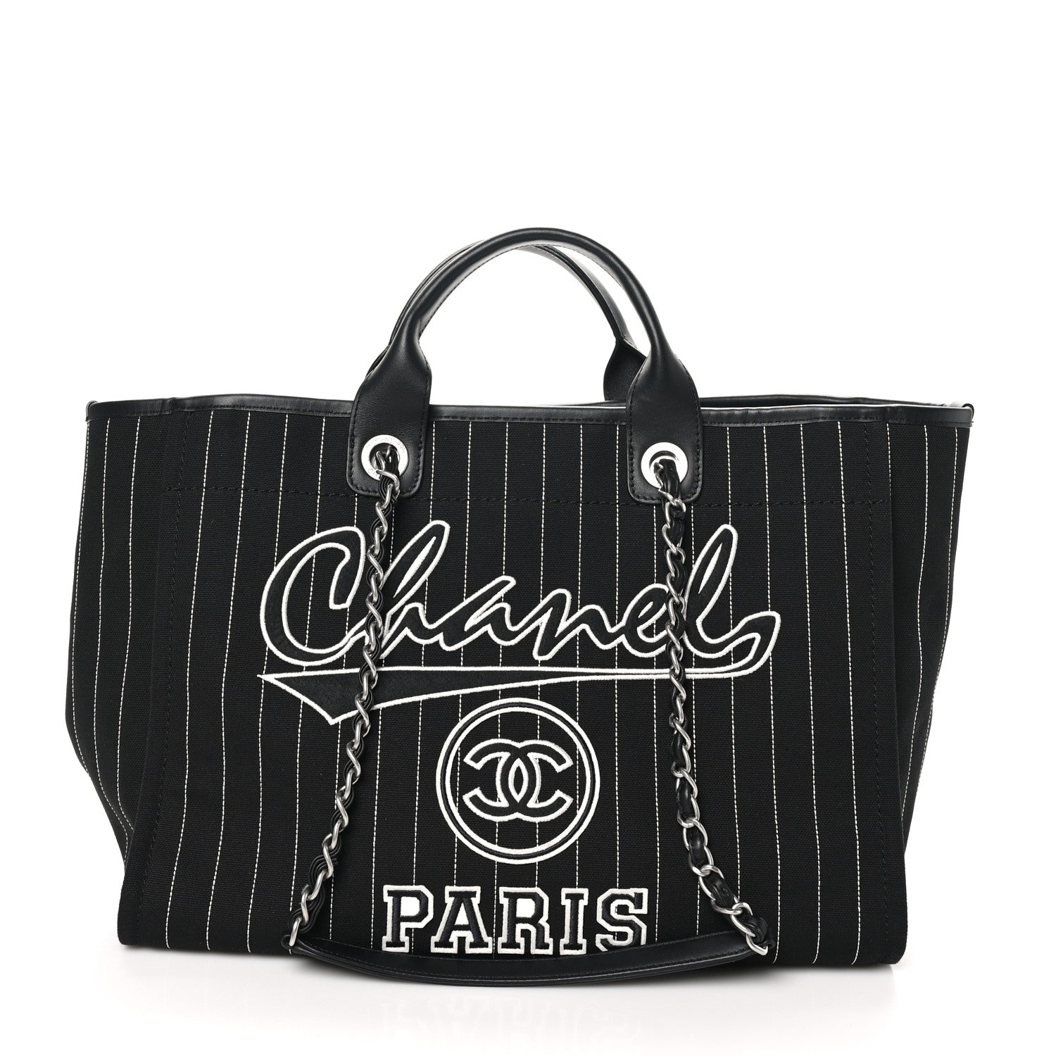 Canvas Calfskin Striped Medium Deauville Tote Black White