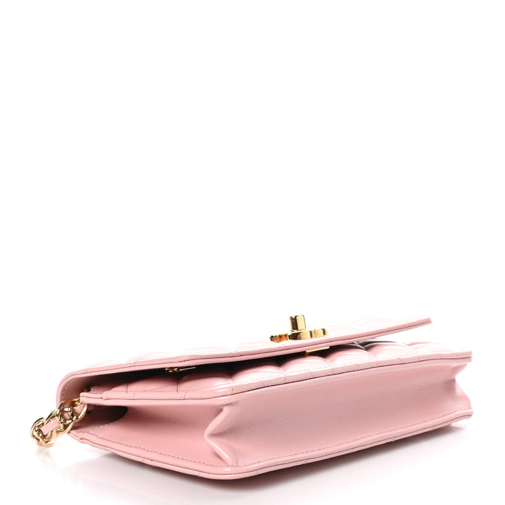 Shiny Lambskin Quilted Golden Links Wallet On Chain WOC Light Pink