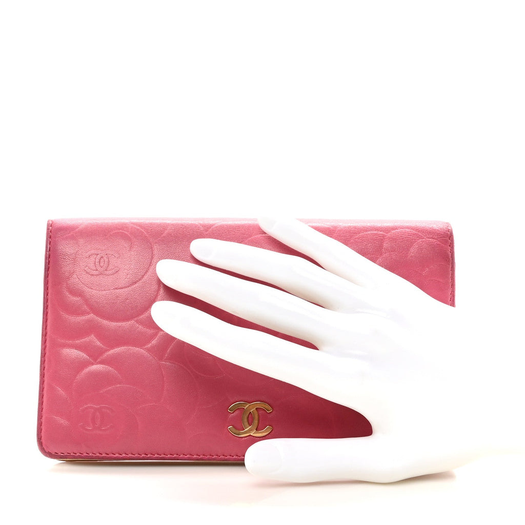 Lambskin Camellia Embossed Yen Wallet Fuchsia