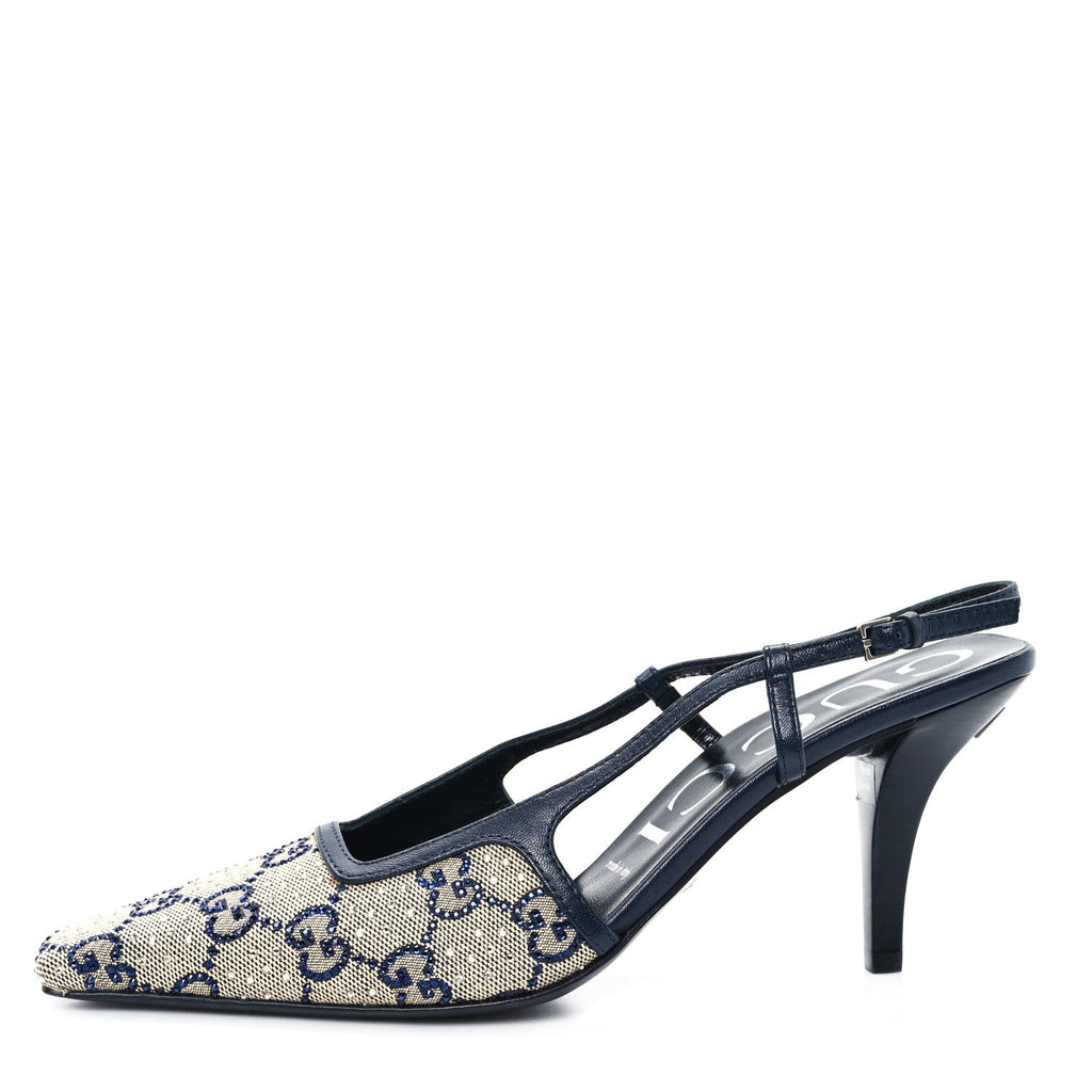 GG Monogram Malaga Kid Crystal Square G 75mm Slingback Pumps 37 Beige Blue