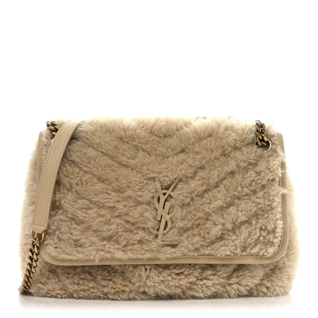 Calfskin Shearling Monogram Medium Niki Chain Satchel Natural Beige