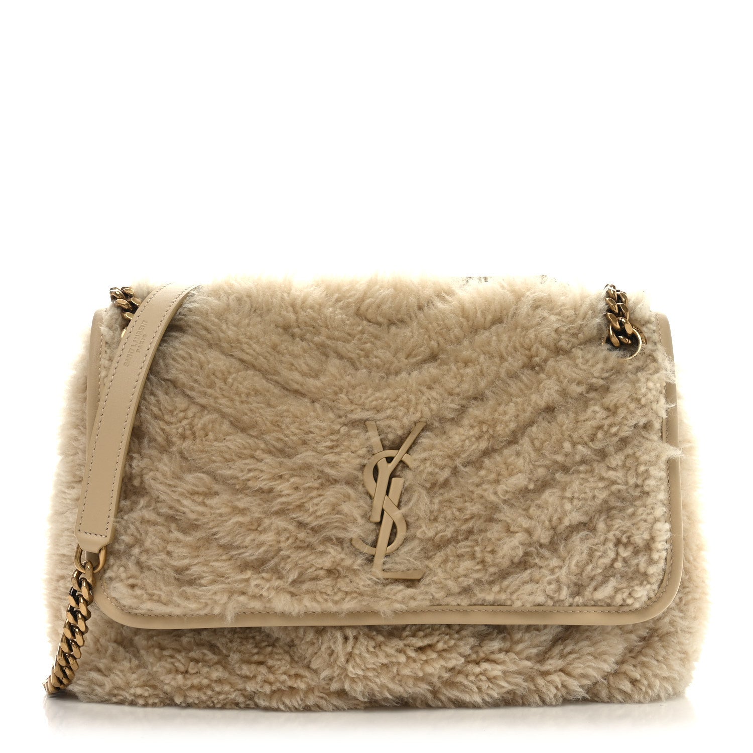 Calfskin Shearling Monogram Medium Niki Chain Satchel Natural Beige