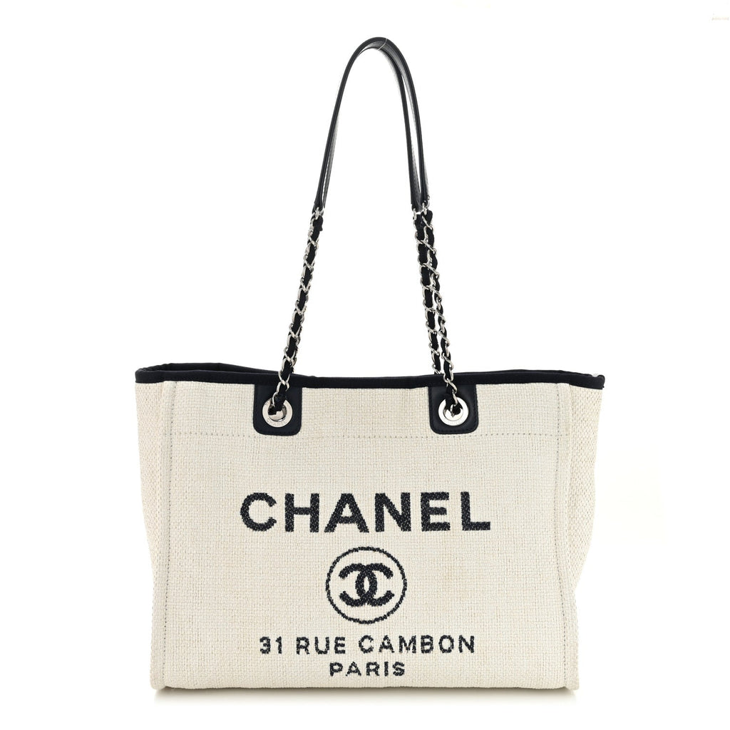 Woven Straw Raffia Small Deauville Tote White Navy