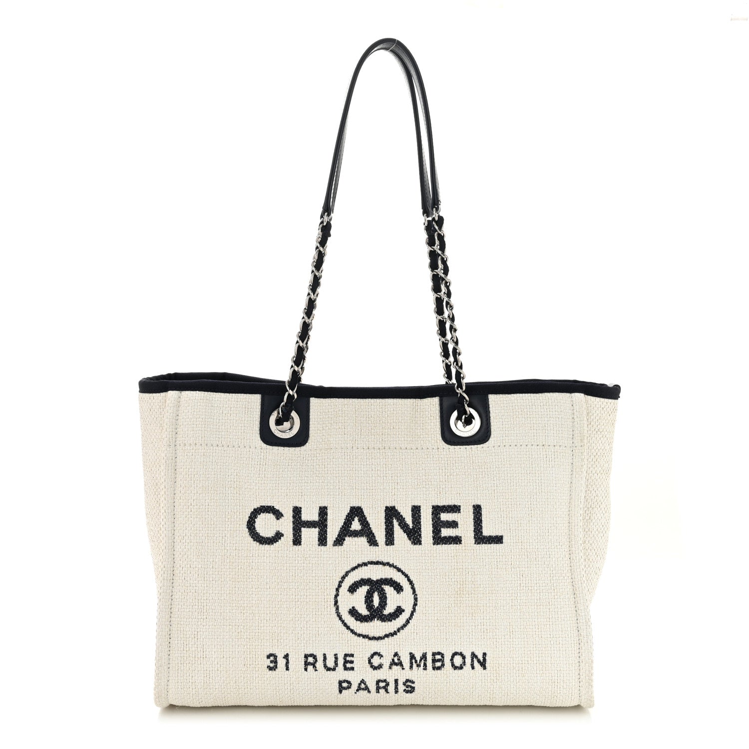 Woven Straw Raffia Small Deauville Tote White Navy
