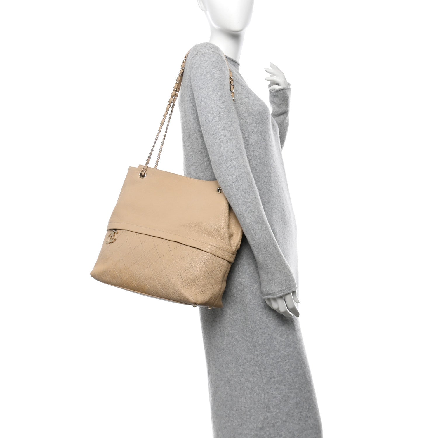Caviar Stitched Shopping Tote Beige