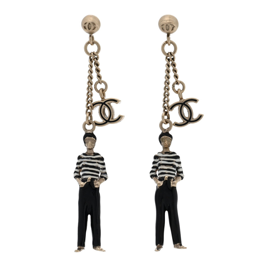 Crystal Enamel CC Doll Drop Earrings White Black Gold